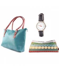 Seagreen Handbag + Banarsi Clutch + Black Strap watch